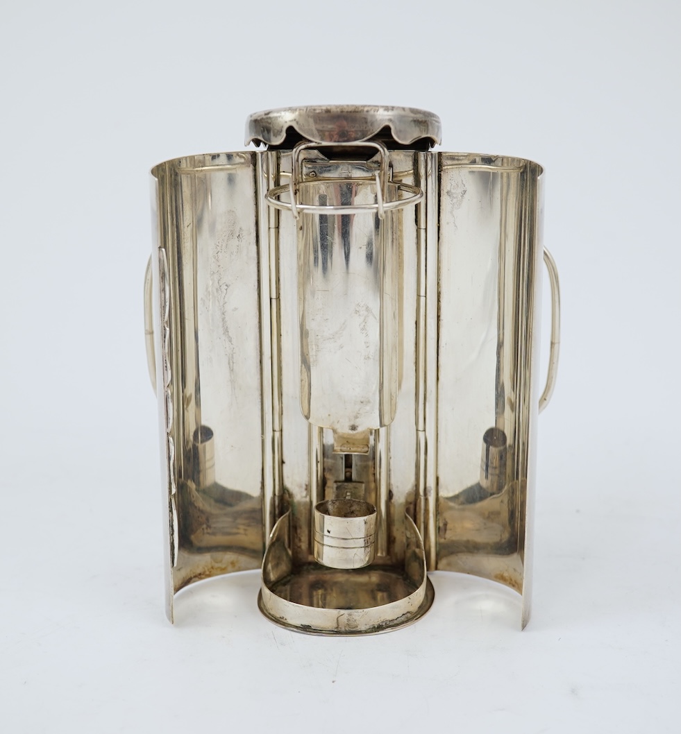 A Victorian silver travelling coach lamp by Thomas Johnson I, in original fitted leather case, retailed by Leuchers, 38 Piccadilly, London